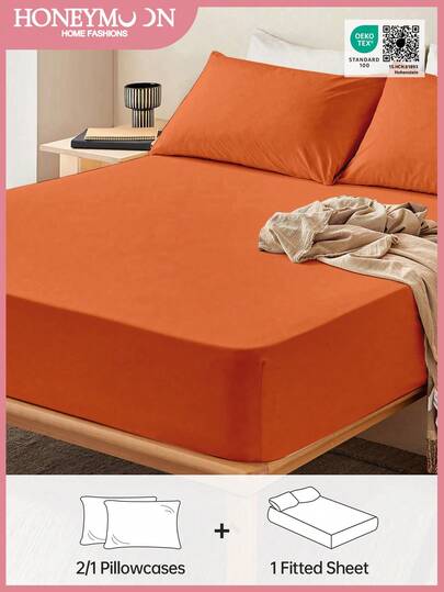 2/3pcs Solid Color Fitted Sheet, 9.85 Inch/25cm Deep Pocket Mattress Protector, Soft & Breathable, Fits Twin, Full, Queen, King Size Beds, Machine Washable, Oeko-Tex Certified, Emma Orange