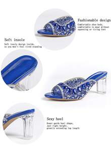 Luxury Elegant Crystal High Heel Shoes, Transparent Crystal High Heels, Full Crystal Embellished Upper, Chunky Heel, Comfortable, Glamorous, Sparkling Crystals, Suitable For Parties, Gatherings, Galas, Shopping, Various Occasions And Festivals, Showcasing Graceful Elegance, Fashionable And Versatile High Heel Shoes, Sparkling Crystal Decorated High Heel Sandals - Royal Blue - View 11