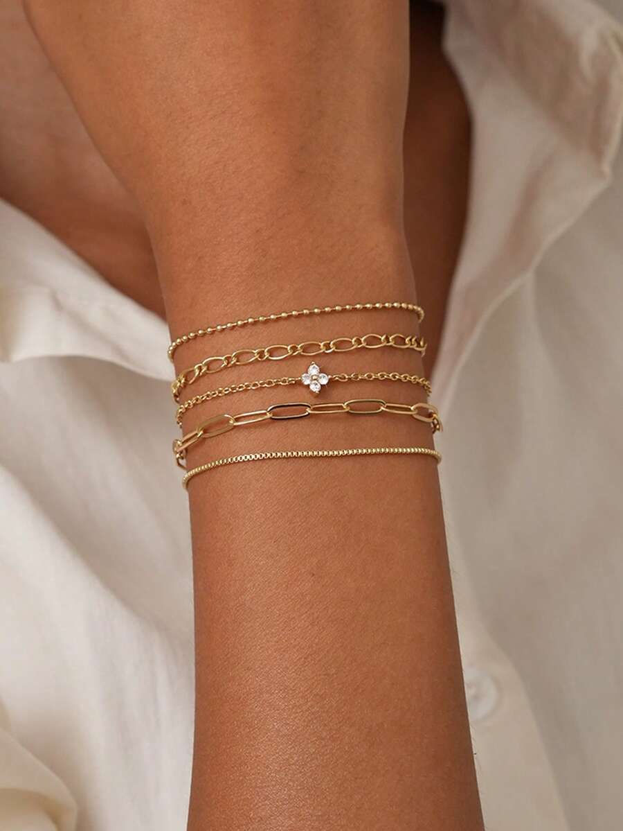 5件套女士手链套装，波西米亚夏季海滩风，包含镀金多层基础链、回形针链、串珠链、锆石四叶草吊坠，可叠戴多层手链，珠宝礼品 - 金黃色 - 查看 1