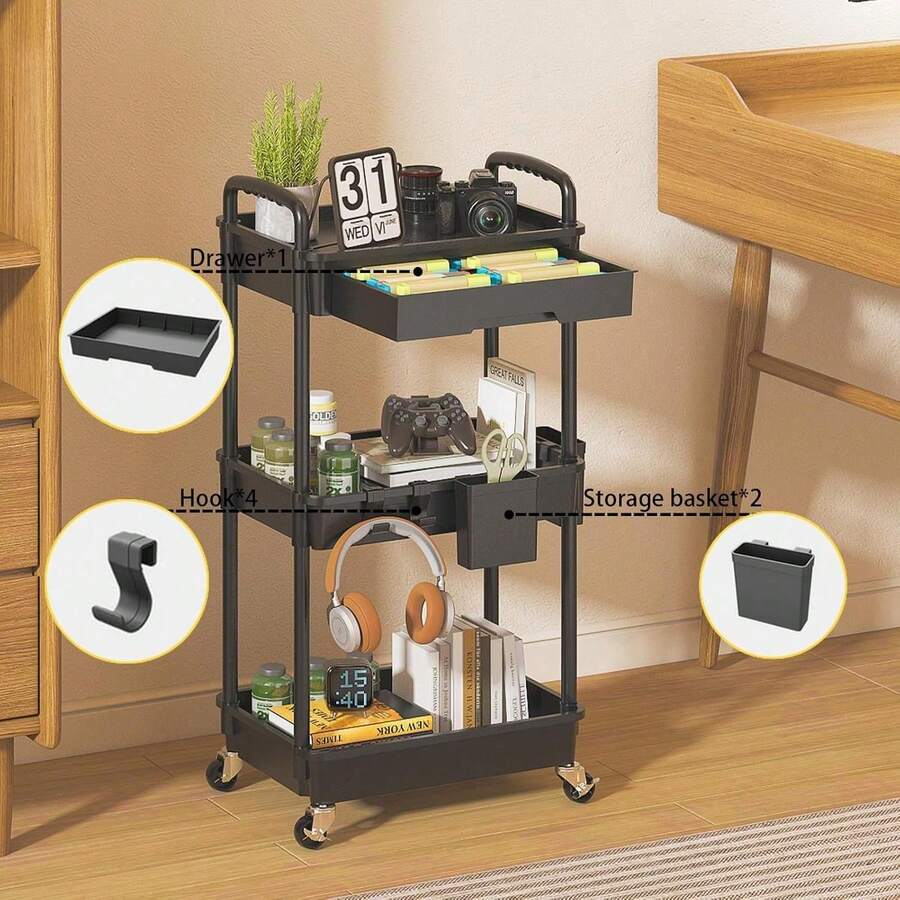 Multi-Tier Rolling Storage Cart - Compact Design Saves Space, Sturdy Plastic Structure, Suitable For Kitchen, Bathroom, Bedroom, Office, Warehouse, Garage - Easy Assembly, Multi-Functional Multi-Tier Shelving, Home Storage Rack - 最新3層黑色 - 查看 1