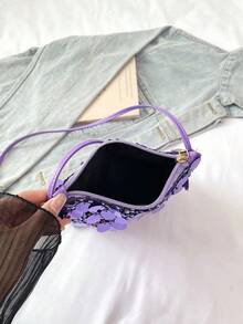 1个绗缝开合式PVC亮片小方包，时尚闪亮亮片零钱包手机包，女士派对活动包，新款时尚链条斜挎包，闪亮亮片别致单肩包，适合女士出席宴会和派对 - 紫色 - 查看 7