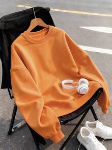 Women's Oversized Raglan Sleeve Sweatshirt, Curve Plus Size Basic Loose Casual Pullover, Versatile Street-Style Sporty Long Sleeve Top, Suitable For Spring And Autumn - Orange - View 1