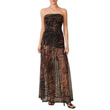 Women's Tube Top Dress Slim Strapless Backless Mesh Patchwork Tropical Leopard Print High Slit Long Dress for Party Club Night - Marrón - Ver 4