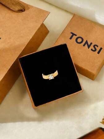 TONSI 1개 럭셔리 미니멀리스트 하이엔드 로맨틱 18K 금도금 스테인리스 스틸 스퀘어 스톤 반지, 웨딩 밴드, 커플 반지, 친구, 커플, 발렌타인데이, 커플 주얼리 선물 상자