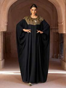 新款优雅宽松黑色长袍，带流苏蝙蝠袖 - 黑色 - 查看 3