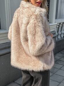 Women's Elegant Faux Fur Warm Jacket, Long Sleeve Stand Collar Thick Furry Coat, Fashion Casual Ladies Outerwear, Luxurious Stylish Commuter Daily Winter Jacket For Women - Light Brown - View 9