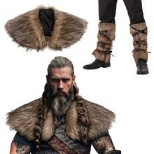 3件套男士仿毛皮维京国王战士斗篷，中世纪文艺复兴万圣节冬季角色扮演服装，毛绒仿毛皮袜子和保暖裤，时尚风格 - A - 查看 5