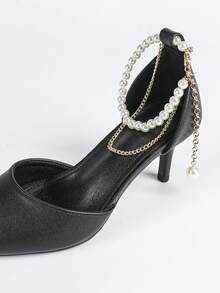 Women's Pearl Chain Decor Pointed Toe Ankle Strap Stilettos, Elegant Office Wear, Suitable For Workplace In Autumn, Black - Black - View 7