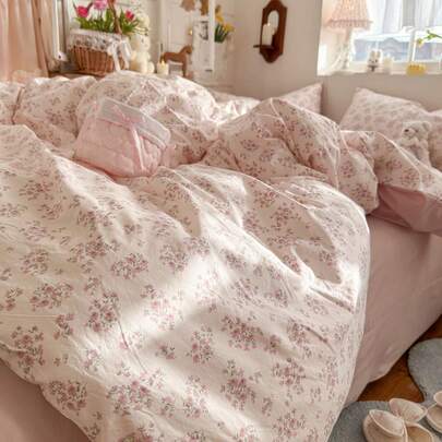 三件套涤纶简约花卉印花床上用品套装，适合男孩/女孩宿舍，拉链封口，四季皆宜，柔软透气，适用于宿舍床、单人床、双人床、特大号床，可机洗（1个被套，2个枕套，不含填充物）