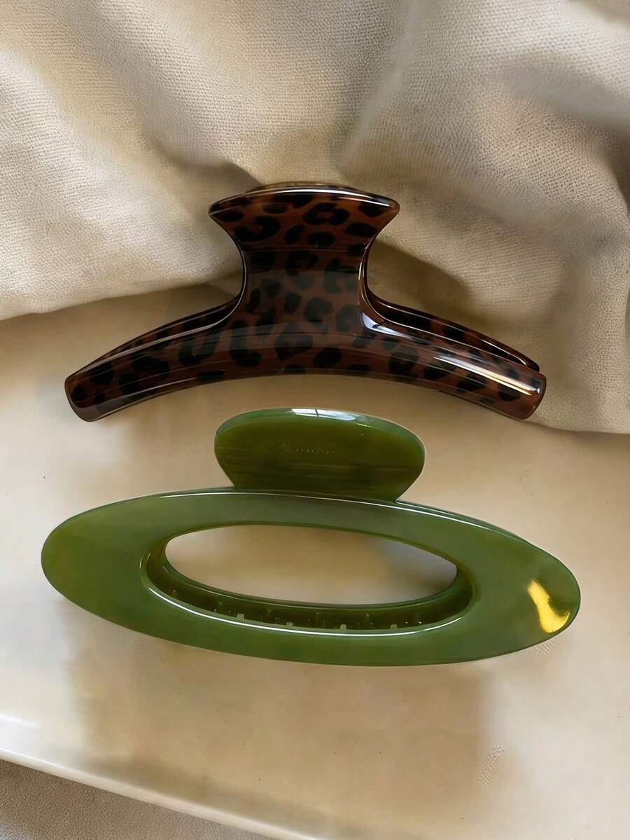 2个/1个女士4.53英寸/11.5厘米大号棕色豹纹绿色椭圆形塑料发夹,时尚百搭高端优雅简约发饰,适合日常、休闲、派对、通勤、海滩、度假 - 发型设计、化妆、搭配服装,女士发爪优雅爪夹夏季 - 彩色 - 查看 1
