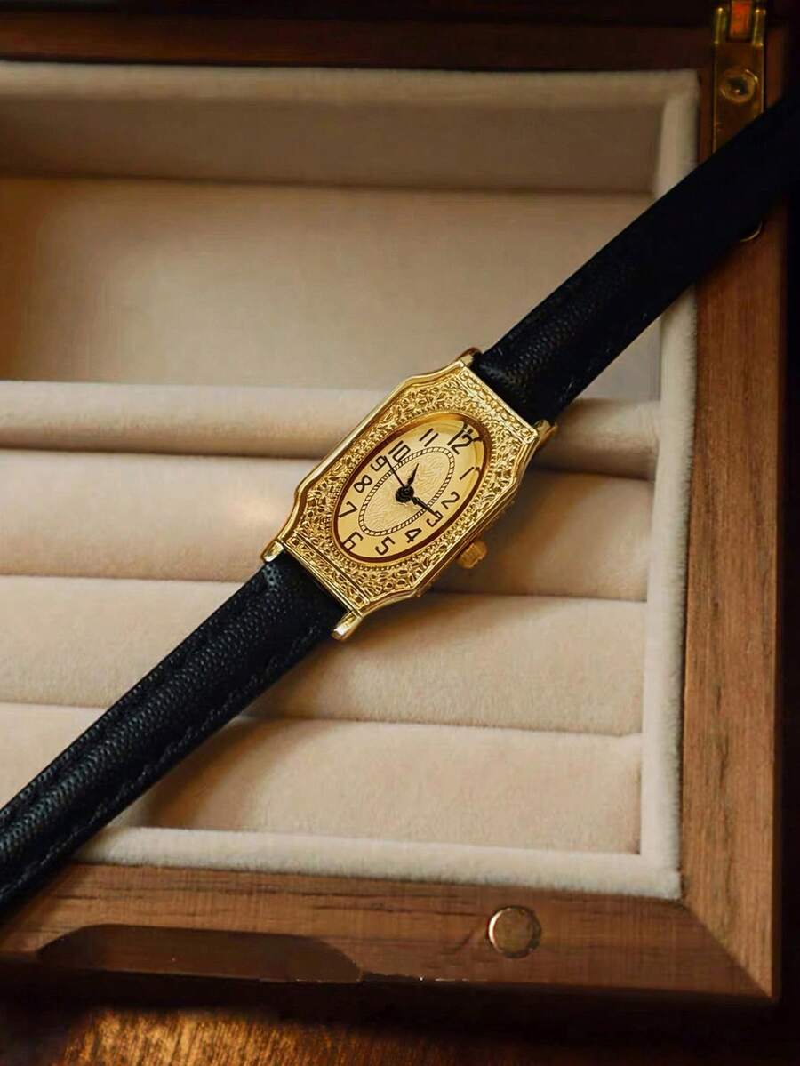 1pc New Vintage French Engraved Gold-Tone Small Dial Ladies' Wrist Watch, Elegant & Fashionable, Delicate & Compact, Waterproof Quartz Movement, Soft & Comfortable Strap, Suitable For Daily Wear, Formal Events, And Accessorizing Your Wrist. - Gold - View 1