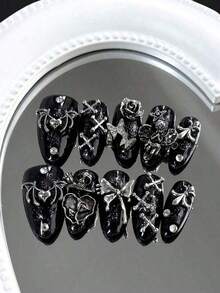 10 Long Dark Almond-Shaped Handmade Press-On Nail Tips. Dark Punk-Style Nail Set Decorated With Black Wings, Skulls, Butterflies, Vintage Roses, Stars, Angels, Bowknots And Rhinestones. With Fine Shimmer Decorations, Shiny And Glossy. Full-Coverage Removable Fake Nail Kit, Suitable For Office Workers, Students, Party Girls And All Seasons. Includes Jelly Glue And Nail File. Press On Nails Nail Supplies Nails(Random Delivery) - Ngẫu nhiên - Xem 5