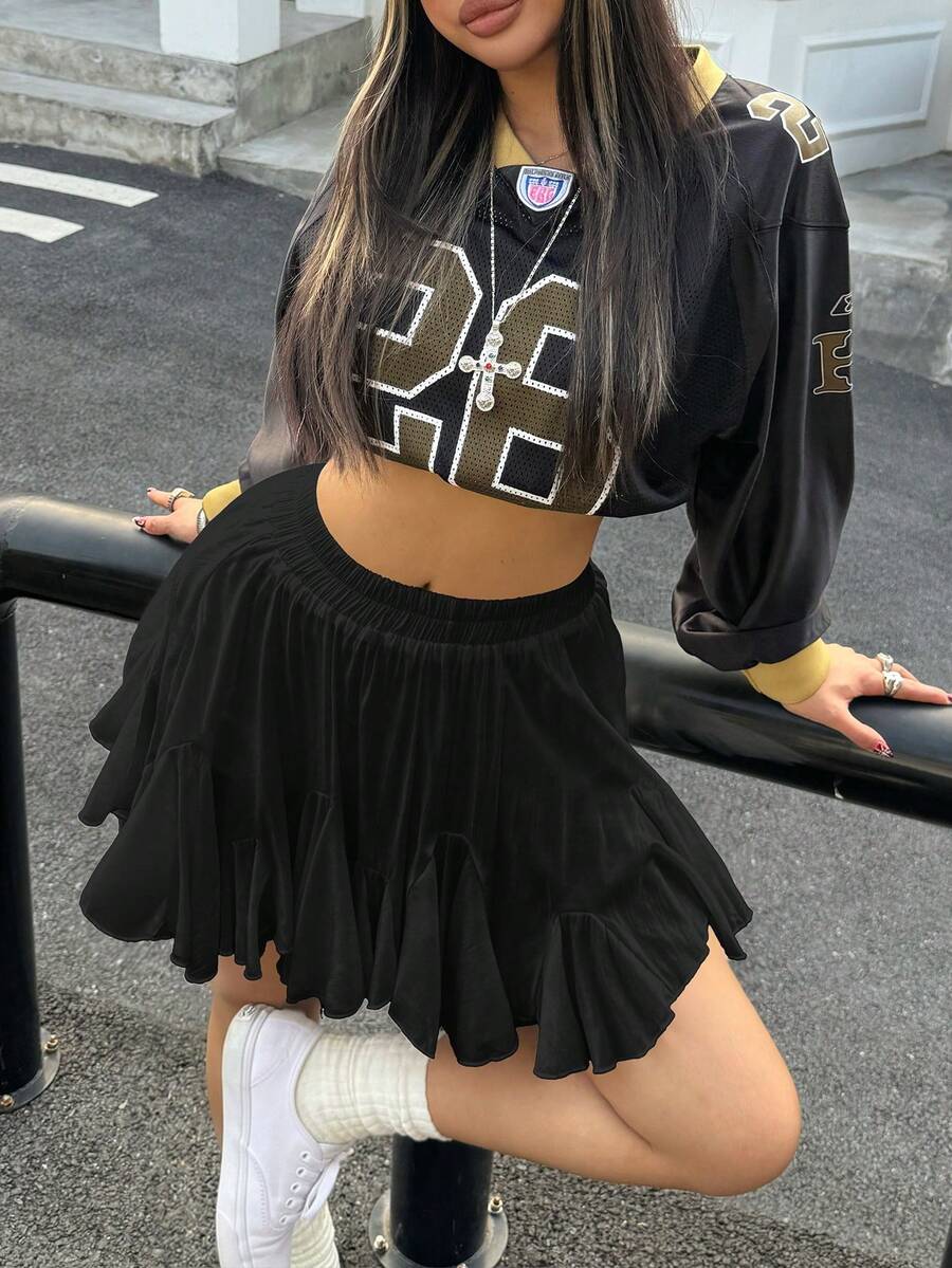 Y2K波西米亚风黑色飘逸百褶伞裙，基础款休闲高腰荷叶边喇叭可爱迷你裙，夏季度假女装 - 黑色 - 查看 1