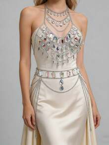 奢华几何造型身体链套装，适合节日派对和音乐节——包含一条颈链和一条腰链，采用UV涂层塑料和铝合金材质。 - 彩色 - 查看 4