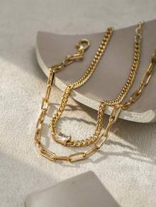 Tkool 2件套脚链套装，长方形底座镶嵌立方氧化锆链条，适合旅行和日常佩戴 - 金黃色 - 查看 3