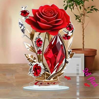 2D Flat, 1pc Luxurious Wine Red Rose And Crystal-Like Acrylic Desktop Decoration With Transparent Base- Elegant 2D Flat Desktop Decoration Suitable For Home, Weddings, Valentine, 2D Flat