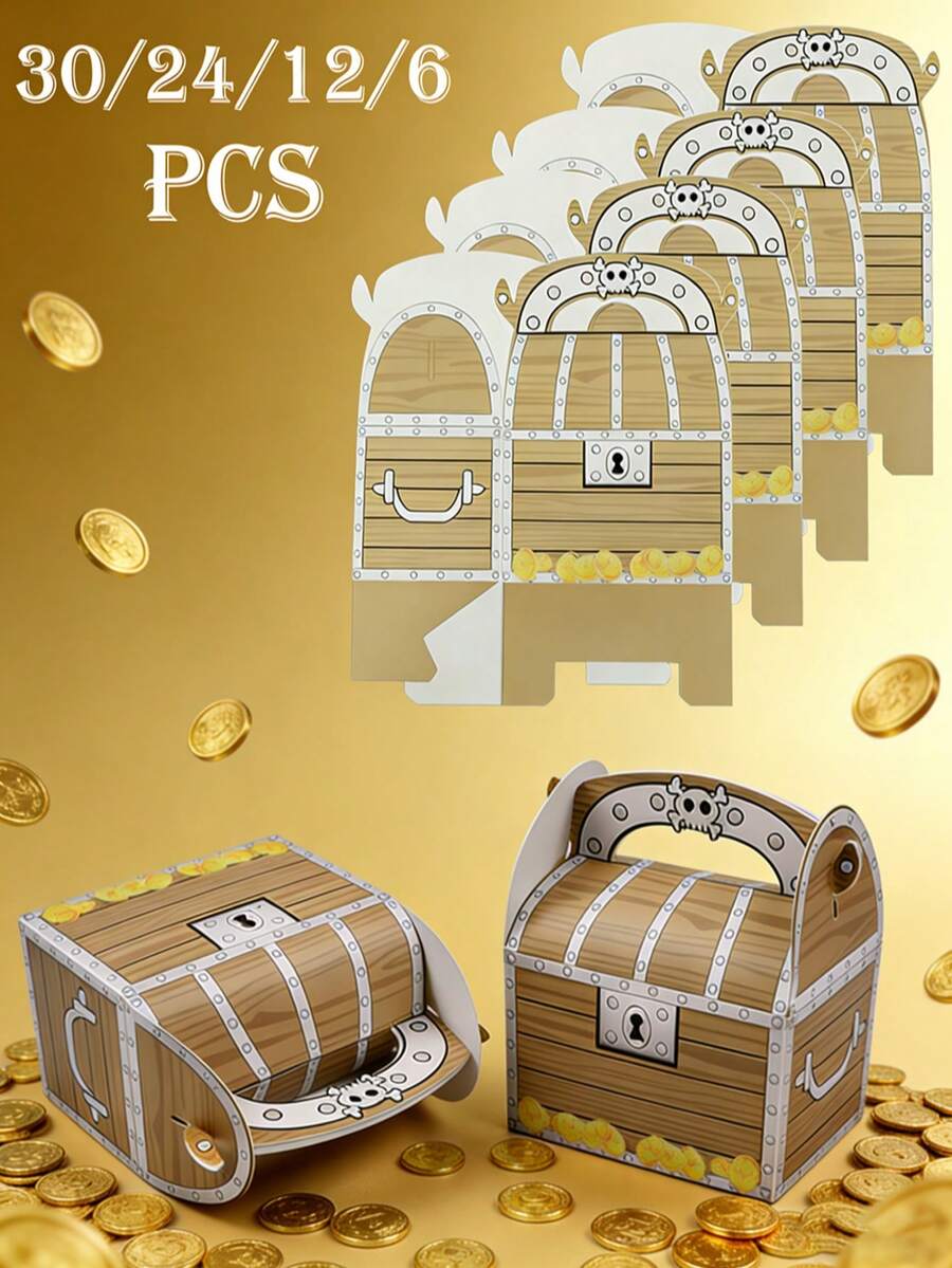 30/24/12/6 Pcs Creative Handle Treasure Chest Box - Square Wood Grain Gold Coin Gift Foldable Pouch, Treasure Candy Box & Multi-Purpose Gift Organizer Storage Box - Multicolor - View 1
