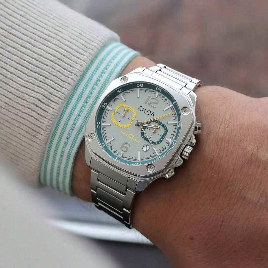 Đồng hồ bấm giờ CILOA bằng thép không gỉ, mặt số màu xanh lá cây thiết kế tương phản, đồng hồ đeo tay thời trang dành cho doanh nhân nam. - màu xanh lá - Xem 1