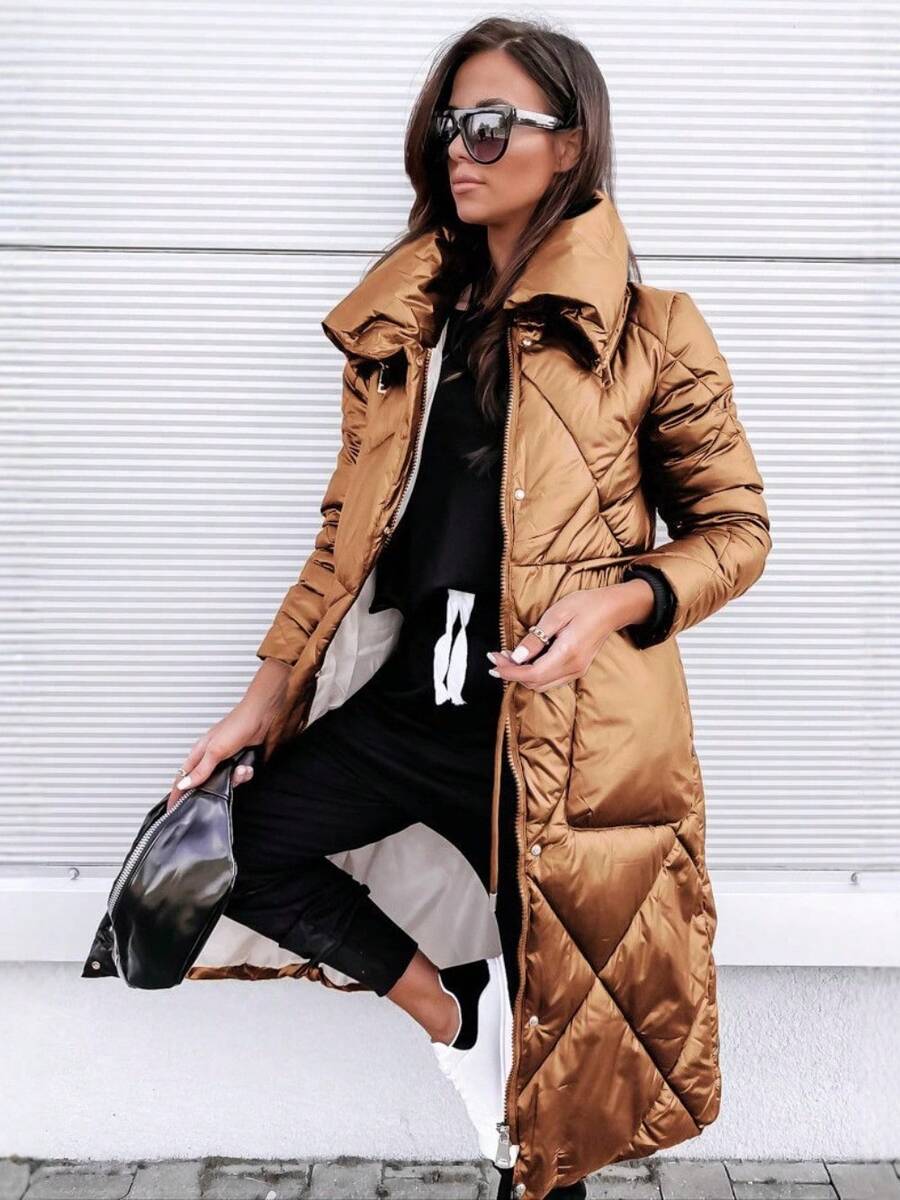 Women's Winter Long Puffer Coat Shiny Lapel Zipper Elegant Commuter Jacket - 棕色 - 查看 1