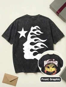 Hell Star Men's Black And Grey T-Shirt Hell Star Graphic Tee Cotton Shirt Unisex Couple Matching Boyfriend Style Double Sided Print Back Flame Face Graphic Distressed Happy Face Acid Washed Grunge Y2K Retro 90s Streetwear Summer Outfits Graphic Tees Men Oversized T Shirt Summer Clothes Men Fall Clothes Men Winter Clothes - 黑色 - 查看 2
