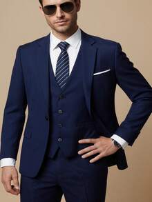3 Piece Men's Suit, Formal Blazer Vest Pants Modern Fit Office Wedding Event Suits For Men - Navy Blue - View 3