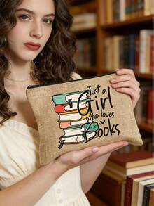 黃色亞麻2件組，大容量亞麻托特包，印有「Just A Girl Who Loves Books」彩色字母印花圖案，愛書之人設計，時尚女款亞麻托特包，多功能購物袋、筆袋、化妝包，適合女性、母親、老師、朋友、學生作為禮物，適用於海灘、假期、返校、母親節、教師節、返校季 - 彩色 - 查看 7