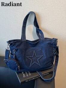 做旧牛仔布面料，复古休闲风格，新款牛仔多功能大容量手提包，女士手提包，立体五角星装饰，可拆卸圆形零钱包带小挂袋，休闲风格，拉链封口，适合日常休闲穿着、上学、轻度通勤、购物、办公、短途旅行和郊游。 - 深色水洗藍 - 查看 11
