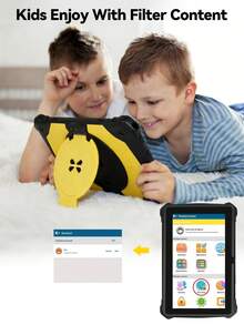 Qetupa 儿童平板电脑，7英寸儿童平板电脑，64GB ROM 4GB RAM，Android 13.0，支持2.4G WiFi、GMS、护眼屏幕、家长控制、教育应用、双摄像头、防震外壳和游戏。 - 黃色 - 查看 3