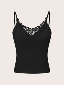 2pcs Women's Summer Casual Versatile Solid Color Contrast Lace Slim Fit Camisole - Black - View 4