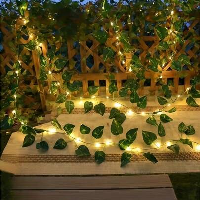 1 Set LED Faux Ivy Leaf String Lights, DIY Copper Wire Fairy Lights Vine Decor, Indoor Decoration, Wedding Decor - Battery Powered Green Leaf Vine Hanging Garland Lights, Suitable For Outdoor Garden, Wall, Balcony, Fence, Trees, Wedding, Party, Holiday, Restaurant, Bedroom, Tent, Camping, New Year Gift, Ramadan Decoration
