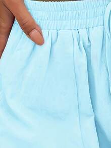 女士休闲宽松衬衫配系带装饰短裤夏季 - 青色 - 查看 3