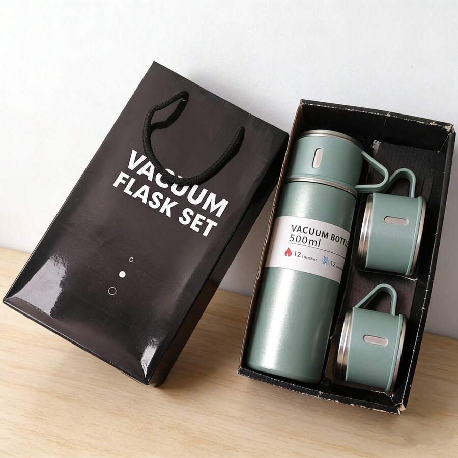 1 Set Outdoor Water Bottle Stainless Steel Cup & Water Bottle Set With 3 Lids - Leakproof Outdoor Camping & Hiking Cups For Home, Office, Travel - Durable Gift Set For Couples, Spill-Proof Design, Modern Drinkware, Highquality Thermosware, Office Workers,Gift Box Packaging, Suitable As A Holiday Gift - 綠色A款 - 查看 1