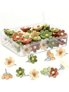 30枚/盒，多色，方便实用图钉，文具小工具，花形图钉，适用于软木板，棕色和绿色，装饰图钉，可用于照片墙、特色墙、地图、公告板、办公室或家居装饰 - 彩色 - 查看 2