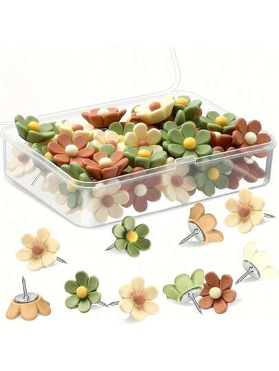 30pcs/Box Assorted Color Decorative Push Pins, Sturdy & Durable Storage, Practical Thumb Tacks, Floral Design Cork Board Pins, Useful Stationery Tool For Decorating Photo Wall, Accent Wall, Map, Bulletin Board, Office Or Home