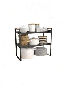 Double-Tier Countertop Storage Rack, Heavy-Duty Metal Kitchen Organizer Shelf For Plates, Bowls And Cookware - Black - View 5