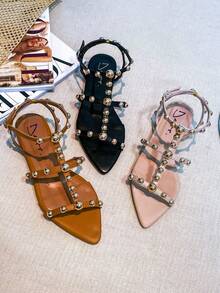 Women's Flat Sandal With Leaf-Shaped Toe And Gold Bead Details - Negro - Ver 11