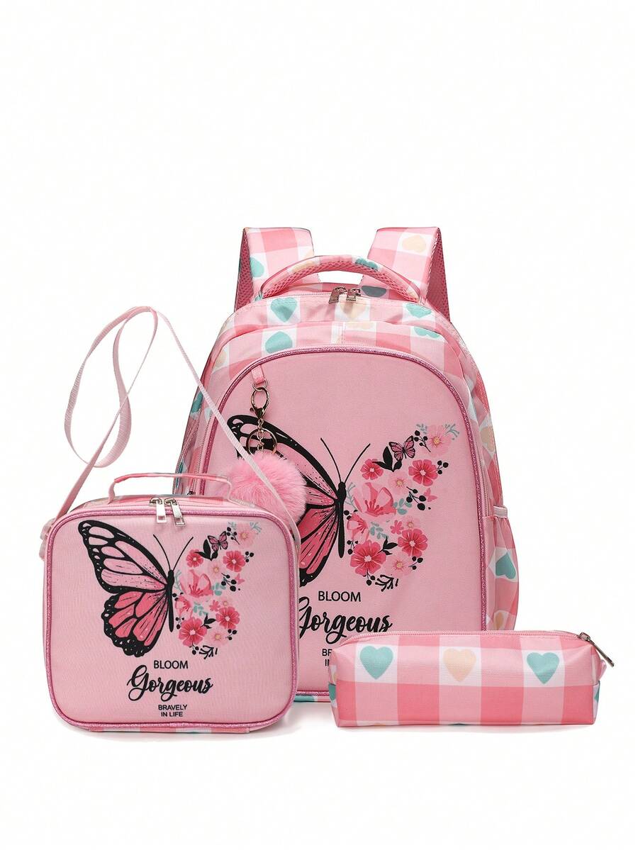 3pcs Kids Fashion Mermaid Tail, Cute Pattern, Astronaut Backpack Set With Adjustable Mesh Padded Shoulder Straps And Soft Mesh Back Panel, Perfect Gift For School, Travel, Outdoor, Holiday - Pink - View 1