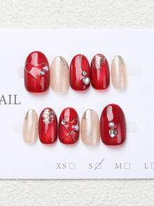 10pcs/Set Almond-Shaped Red Cat Eye Heart Full Cover Nail Stickers, Reusable, 4 Sizes Available, Suitable For Girls/Women, Actresses, Stage Performance, Festivals, Parties, Weddings And Daily Wear. Ideal For Christmas, New Year, Autumn/Winter And Other Celebrations. - Red - View 1
