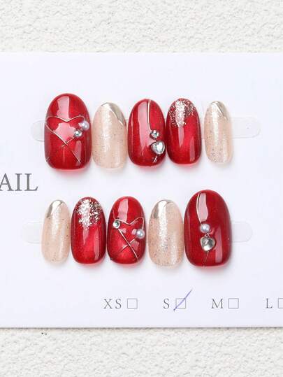 10pcs/Set Almond-Shaped Red Cat Eye Heart Full Cover Nail Stickers, Reusable, 4 Sizes Available, Suitable For Girls/Women, Actresses, Stage Performance, Festivals, Parties, Weddings And Daily Wear. Ideal For Christmas, New Year, Autumn/Winter And Other Celebrations.