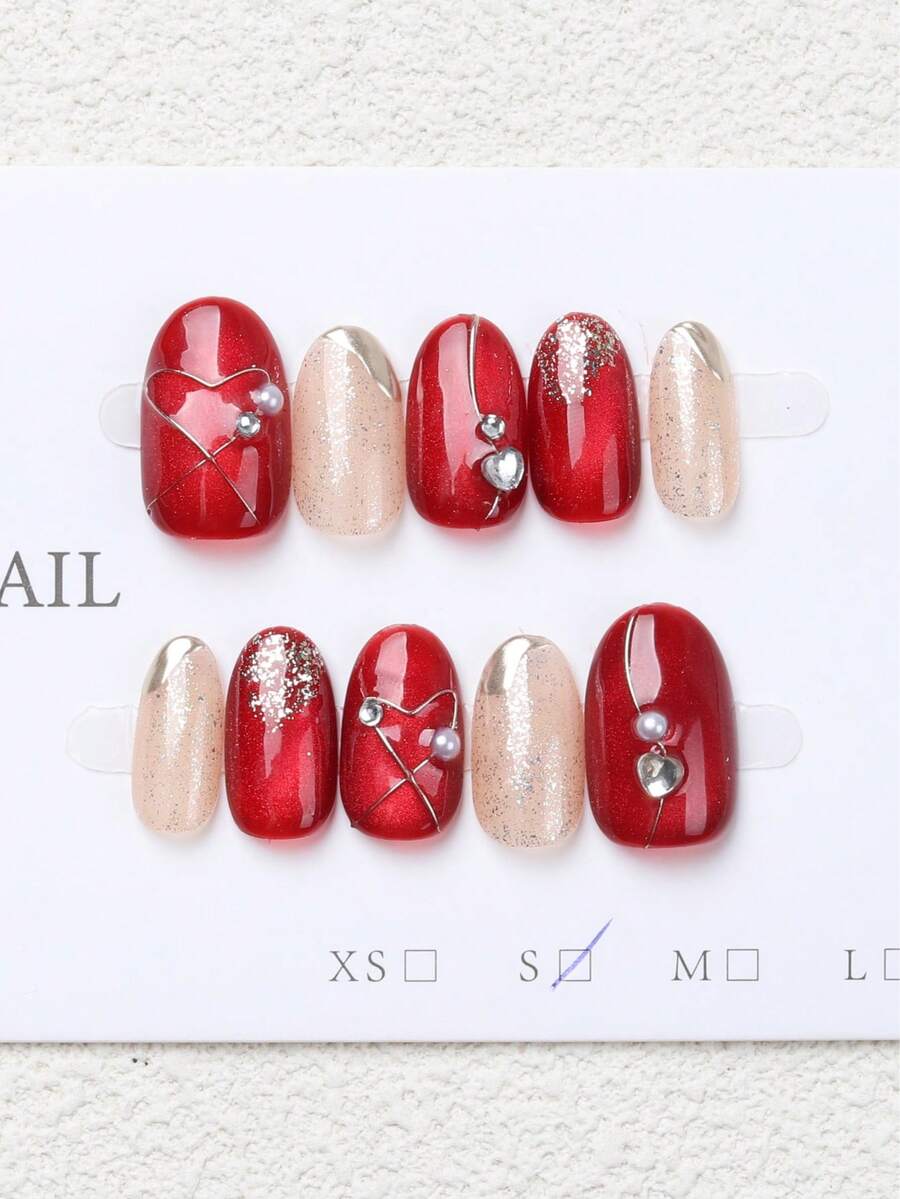 10pcs/Set Almond-Shaped Red Cat Eye Heart Full Cover Nail Stickers, Reusable, 4 Sizes Available, Suitable For Girls/Women, Actresses, Stage Performance, Festivals, Parties, Weddings And Daily Wear. Ideal For Christmas, New Year, Autumn/Winter And Other Celebrations. - Red - View 1
