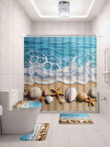 1/4 piezas Juego de cortina de ducha y alfombra antideslizante con diseño de olas oceánicas, para decoración de baño, un regalo de decoración del hogar elegante y práctico - Multicolor - Ver 22