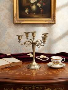 1Pc/Set Five-Arm Spiral-Patterned Candlestick. Made Of Metal, It Forms A Complete Candlestick. The Overall Design Embodies A European-Style Light Luxury Aesthetic; The Base And The Edges Of The Candle Cups Feature Delicate Engraved Patterns, And The Arms Are Crafted With Curling Spiral Motifs. - Multicolor - View 2