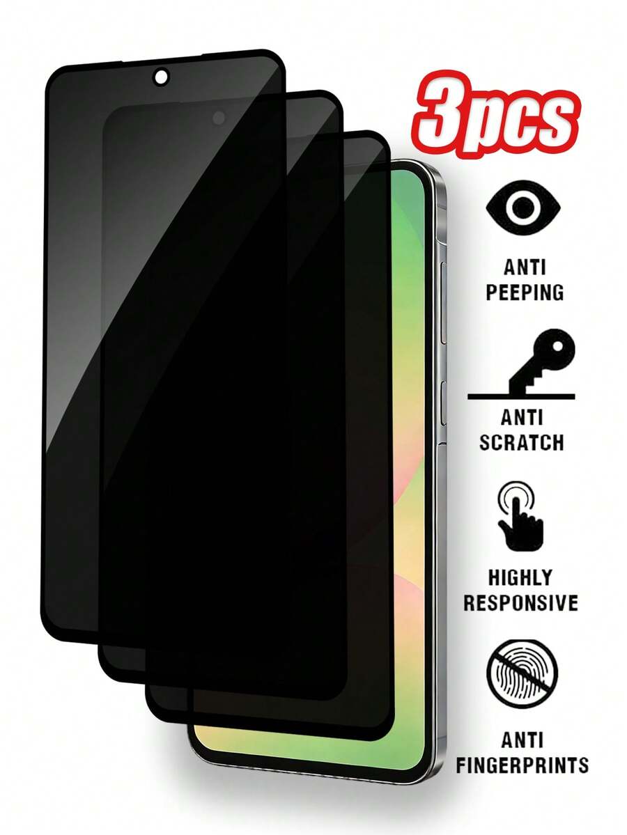 3片装隐私钢化玻璃屏幕保护膜，丝印黑色边框，防刮/防震/防指纹，全屏无边框覆盖，兼容Galaxy S20 FE/S21 FE/A02/A02S/A03/A23/A24/A25/A31/A72/S24 FE/A06/A17/A07/S25 Ultra/S25系列，屏幕保护必备品，适用于日常、办公、家庭等场景。手机屏幕保护膜，隐私屏幕保护膜，防窥防水防震防摔防刮。 - 黑色 - 查看 1