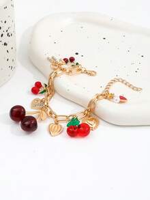 1pc Handmade Cherry Bow Heart Pendant Bracelet, Gold Chunky Chain, Fashionable Cherry Bracelet Jewelry, Spring/Summer