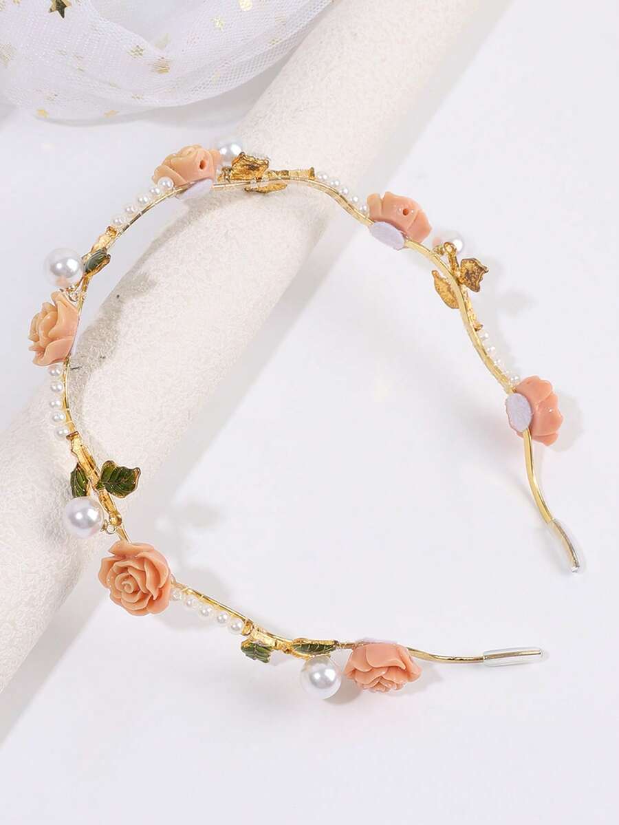 1pc Golden Metallic Headband For Women Orange Three-Dimensional Flowers And Leaves Hair Hoop Elegant Pearl Hair Band Sweet Princess Style Headbands For Party Women Hair Accessories, - Orange - View 1