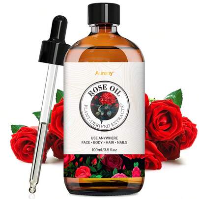 AURANY 玫瑰精油，蕴含天然植物萃取精华，适用于身体按摩、护肤、护发、手工制作、蜡烛制作等。保湿滋养配方，适合所有肤质。30毫升/100毫升装，男女皆宜的多用途精油，是馈赠亲友和日常护肤的理想之选。