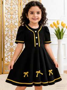 Girls Classic Vintage Dress, Black Short Sleeve Dress With Gold Trim Ribbon Trim + Pearl Buttons + Bow Hem Decor, Luxury Lady-Like Style Suitable For Birthday Party, Piano Recital, Crisp Fabric With Exquisite Details, High-End Look For Girls To Attend Formal Occasions And Photo Shoots - Black - View 3