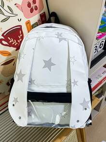 Star Print Backpack With Transparent Pocket, Student Backpack, Casual Large Capacity Bookbag - Multicolor - View 7