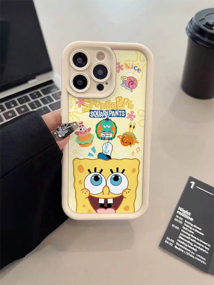 SPONGEBOB 1 styck stötsäkert telefonskal med mönster av tecknade blommor, hamburgare och SvampBob, kompatibelt med Samsung/kompatibelt med 17/16/15/14/13/12/11 Pro Max/12 Pro/14 Plus och andra modeller - Multifärgad - Visa 1