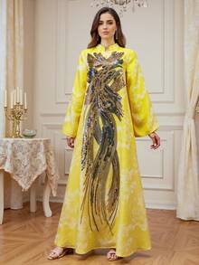 Elegant & Fashionable Women's Long V-Neck Kaftan Dress With Shiny Applique, Suitable For Eid Al-Fitr, Eid Al-Adha, Home, Daily Wear, And Dates - Yellow - View 3